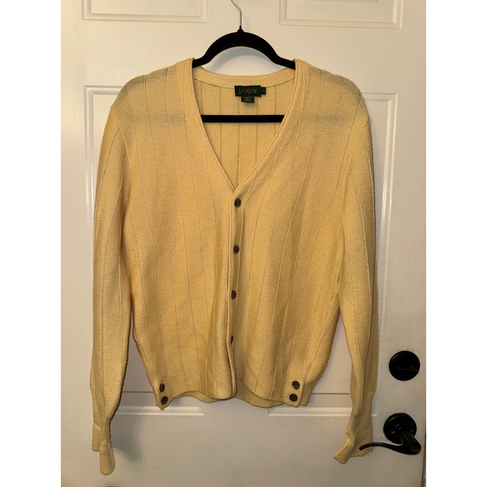 J.Crew Mens Vintage Yellow 100% Merino Wool Ribbed V-Neck Cardigan Made in USA S